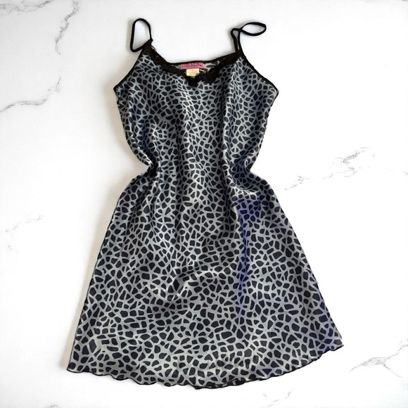 Do Not Disturb Leopard Print Slip Dress L Black Blue Lace Trim - Picture 1 of 2